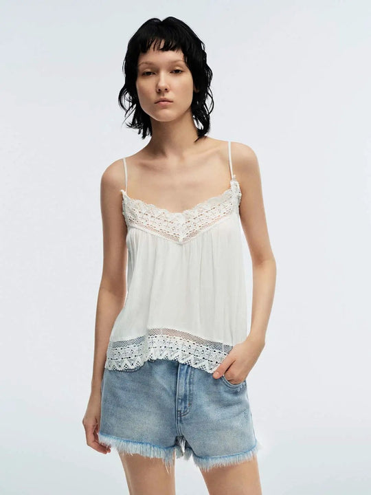 Delicate Chiffon Lace Trim Strappy Cami Tops