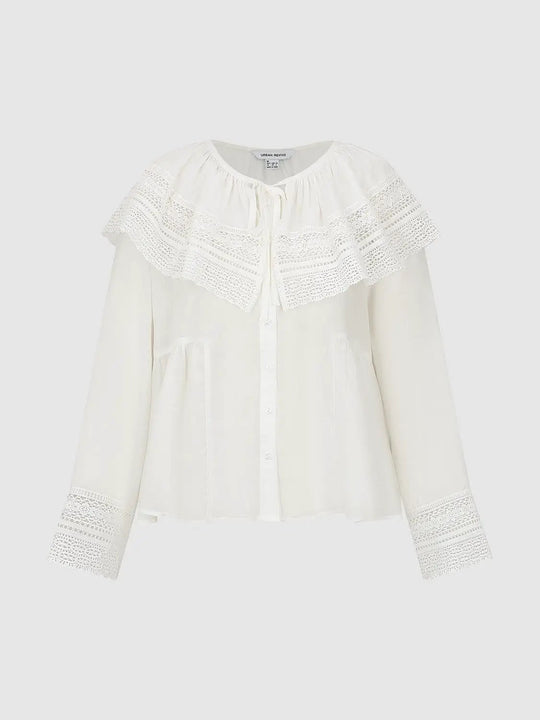 Elegant Lyocell Ramie Cotton Lace Yoke Blouses
