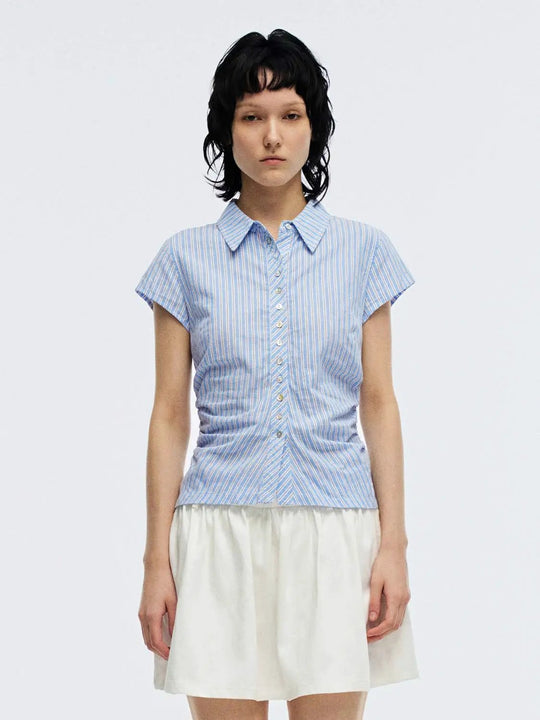 Striped Cotton Linen Blend Cap Sleeve Nipped Waist Shirt