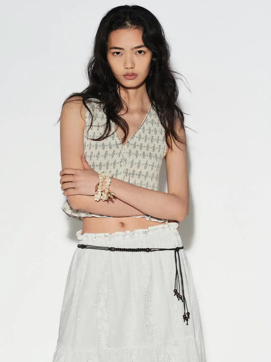 Ruffle Trim Cotton Blend Sleeveless V-Neck Shirt