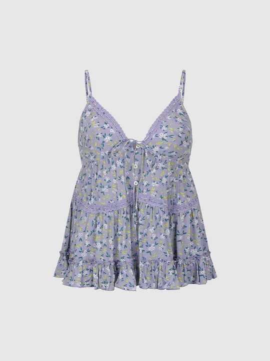Lace Trim Crochet-Edge Front-Tie Bustline With Soft Floral Print And Tiered Ruffle Hem Shirts