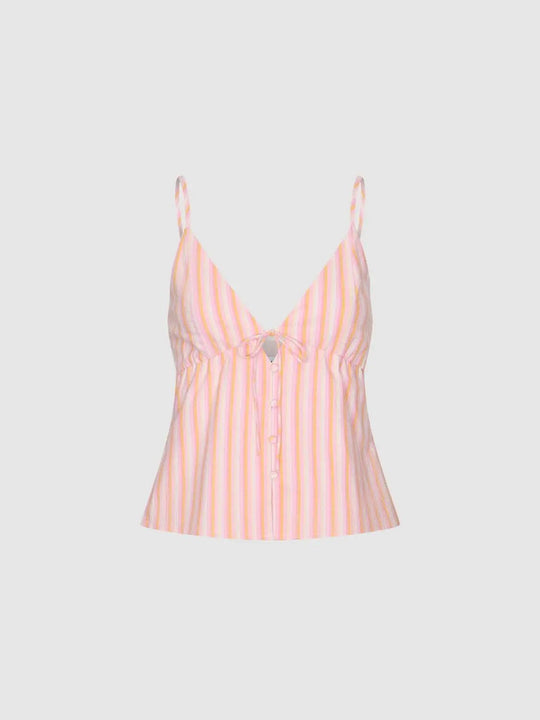 Pastel Stripe Cotton Tie Front Spaghetti Straps Cami Tops