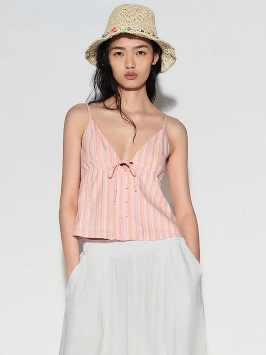 Pastel Stripe Cotton Tie Front Spaghetti Straps Cami Tops