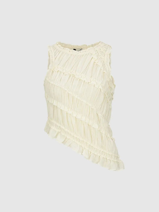 Elegant Pleated Ruffles Soft Viscose Blend Blouse Sleeveless Overhead Shirts