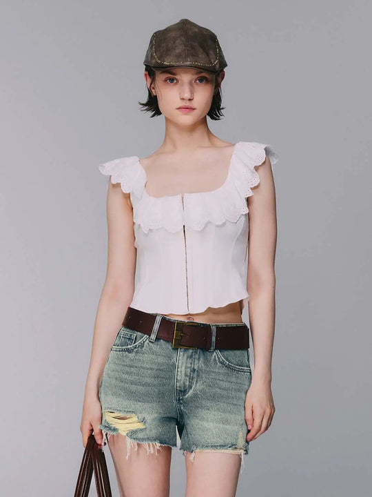 Cotton Lace Collar With Thick Stretch Fabric And Slight Stretch Seam Details Shirt