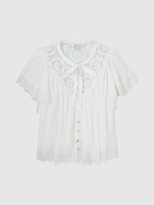 Cotton Lace Floral Yoke With Bow Neckline Flutter Sleeves And Scalloped Hem Shirts