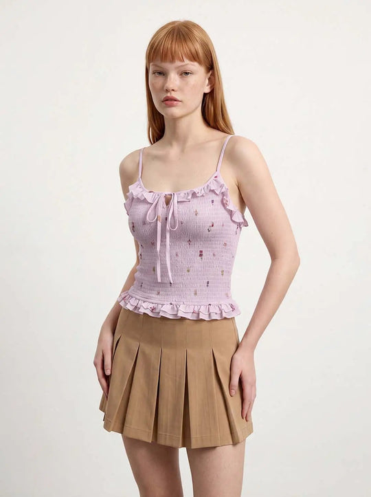 Smocked Bodice With Tie Front And Ruffle Neckline Spaghetti Straps Gathers Across Front Shirts