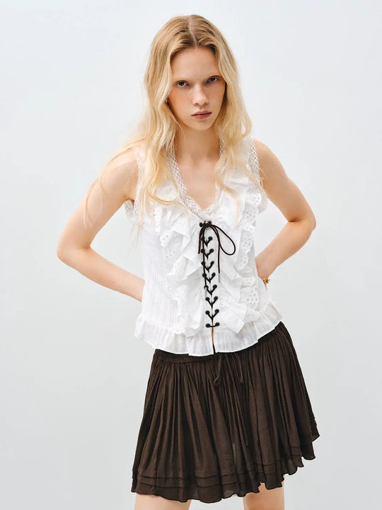 Layered Lace Up Front Ruffle Cotton Tank Top