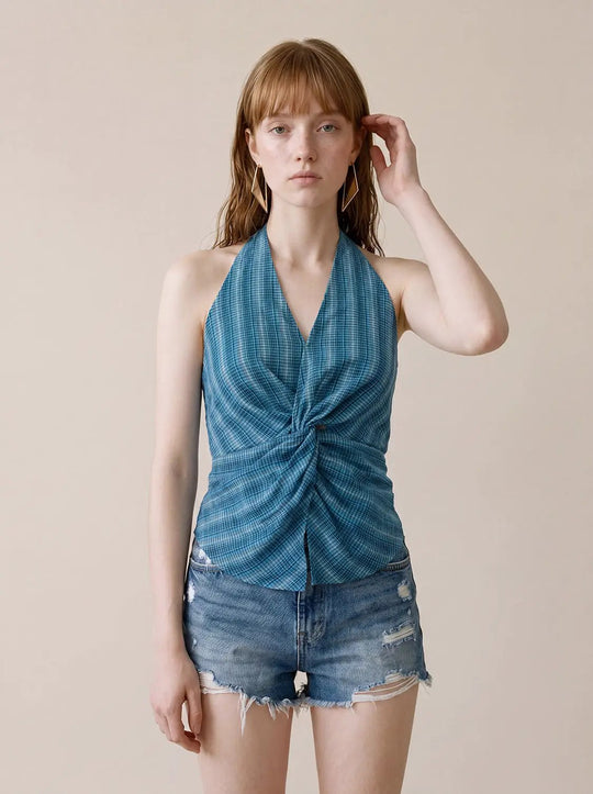 Twisted Plaid Halter Neck Cotton Camisole