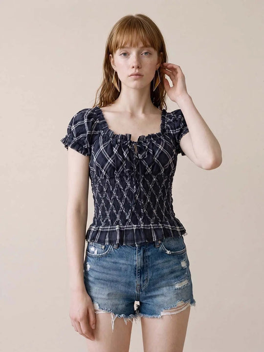 Smocked Plaid Shirred Cropped Cotton Shirt