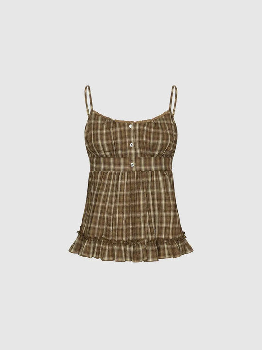 Plaid Smocked Button Front Lined Cami Top