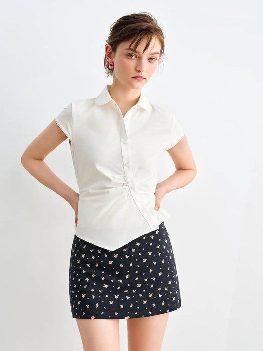 Fitted Ruched Collared Short Sleeve Cotton Shirt