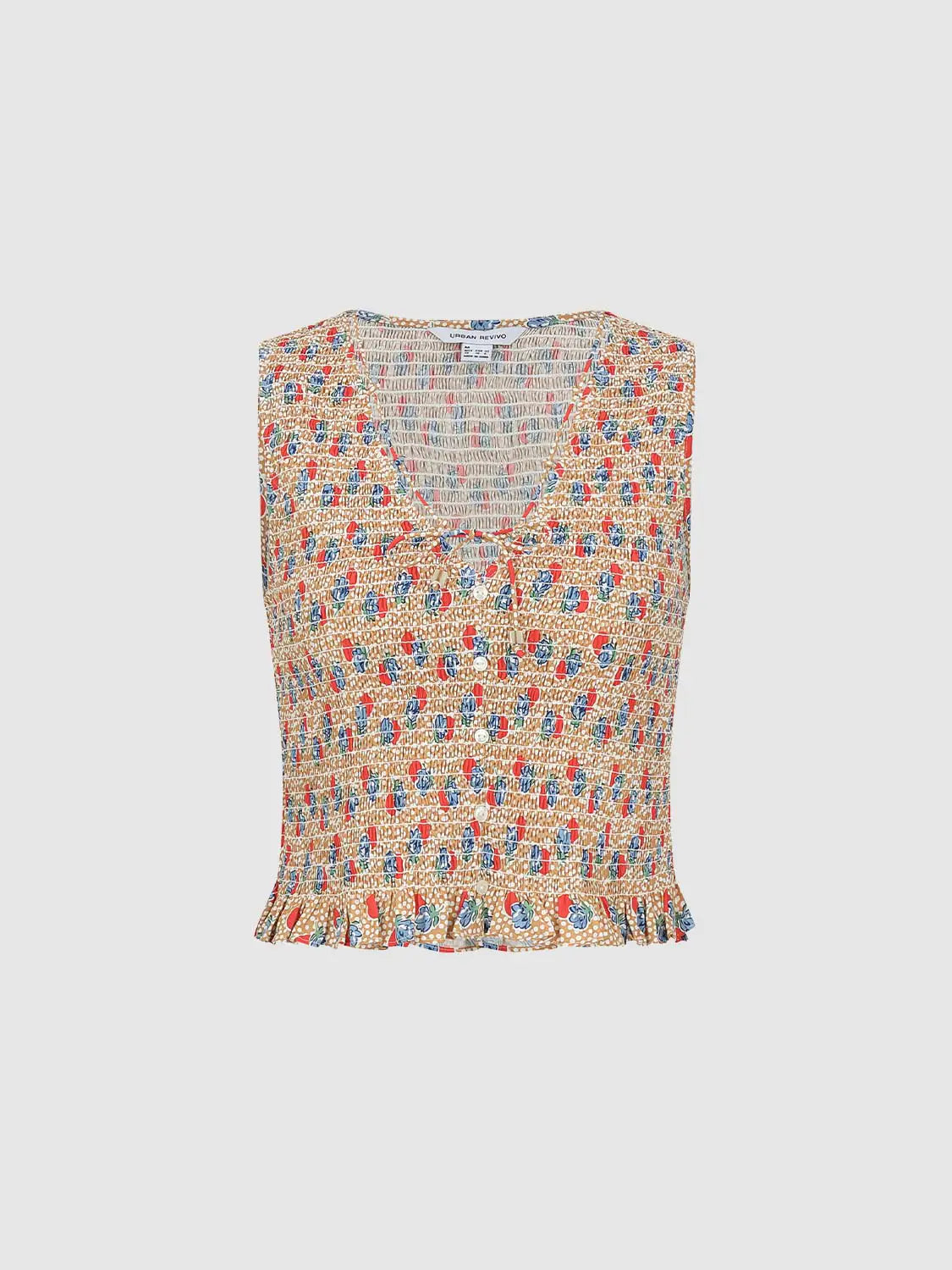 Blouse Urban Revivo tan printed sleeveless top with colorful abstract pattern.