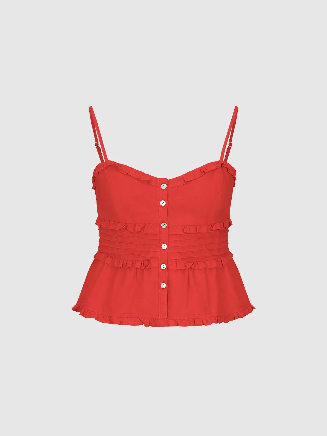 Camisole top by Urban Revivo Fashion in red with adjustable straps, button-front, and ruffle tiered hem.