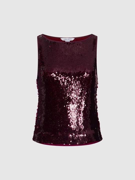 Canotta senza maniche aderente con scollo a barchetta, paillettes e texture con perline