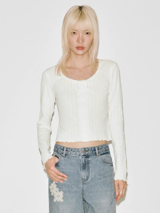 Bow Detail Ruffle Trim Long Sleeve Crew Neck Cotton T Shirts