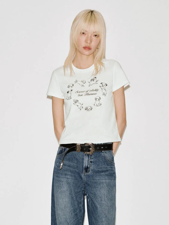 Printed Cropped Cotton Blend Crew Neck T Shirts