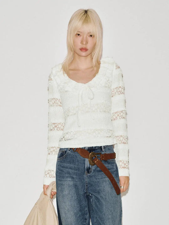 White Ruffle Collar Lace Long Sleeve T Shirt