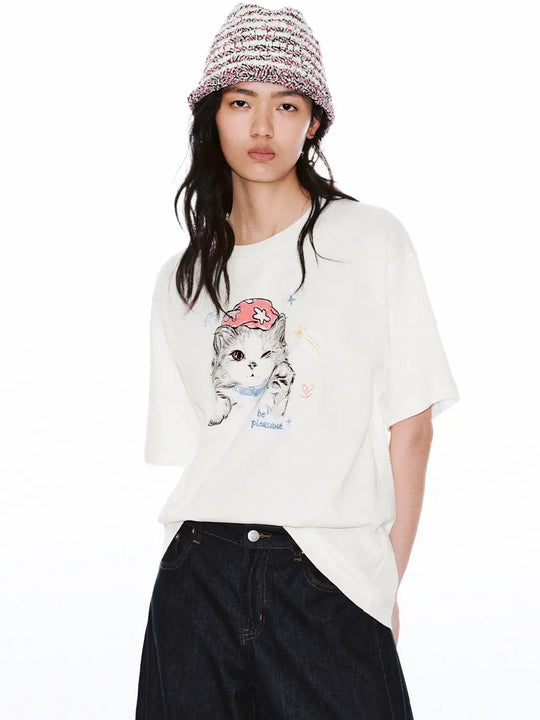 Playful Cat Print Crew Neck 100 Percent Cotton T Shirt