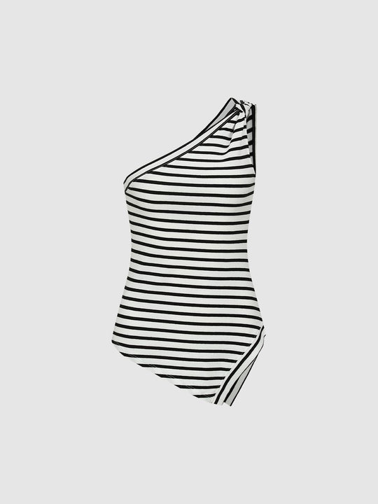 One-Shoulder Asymmetric Striped Tank Tops