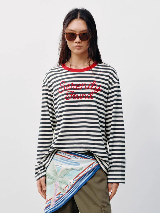 Striped Embroidered Long Sleeve Cotton T-shirt