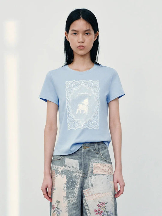 Soft Cotton Unicorn Lace Frame Print T Shirt