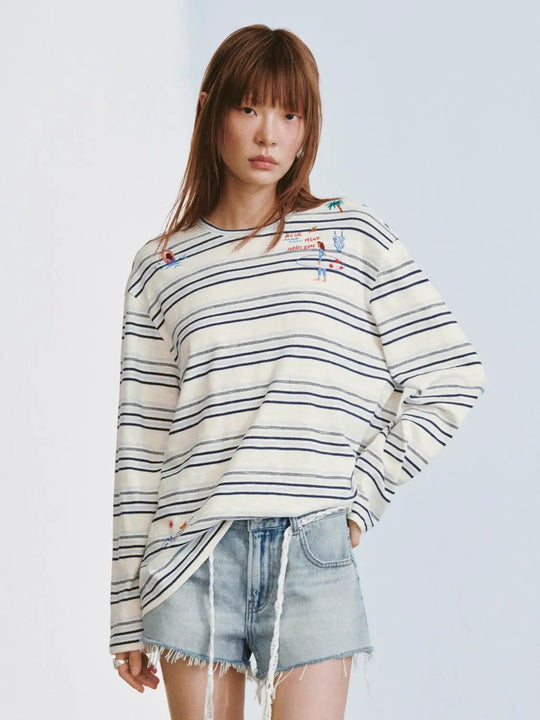 Embroidered Contrast Striped Long Sleeve T-Shirts Top