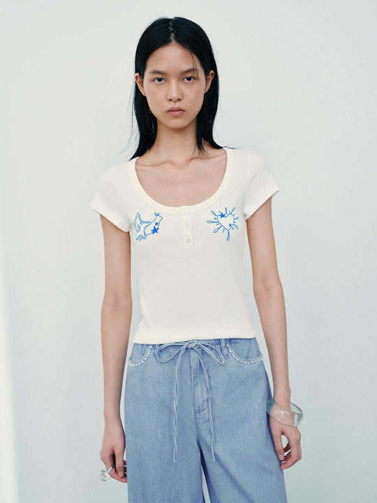 T-shirts skinny à col henley brodé