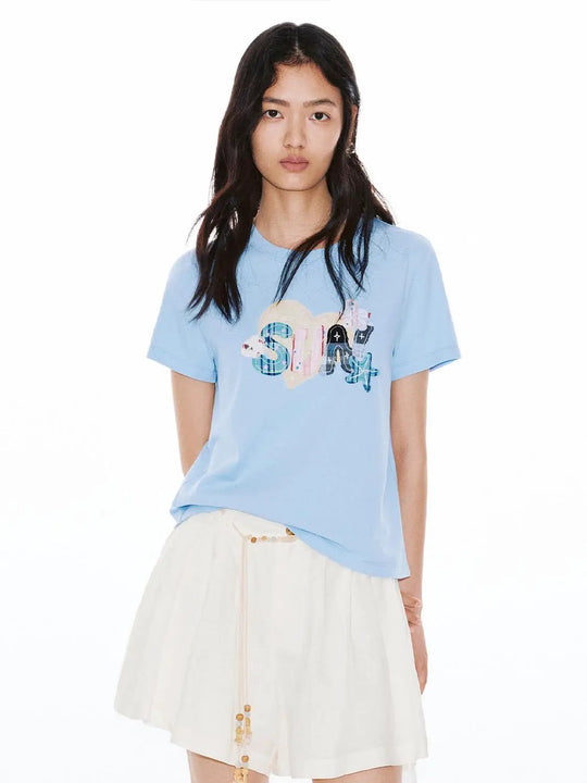 Light Blue Cotton Graphic Print Crew Neck T Shirt