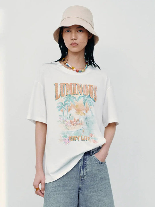 Cotton Graphic Print Palm Scene Soft T-Shirts