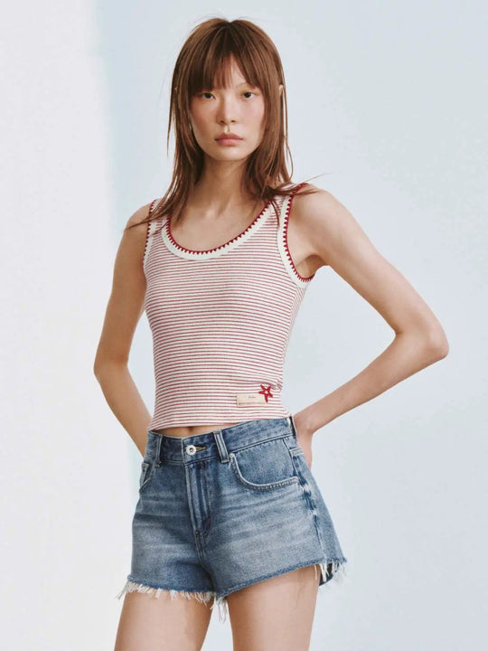 Cotton Stripe Embroidered Trim Sleeveless T Shirt