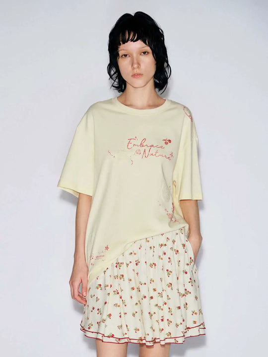 Soft Cotton Printed Crew Neck Floral Script T Shirts