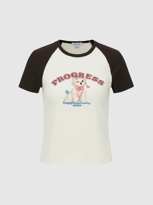 Cotton Raglan Sleeve Dog Graphic T-Shirt