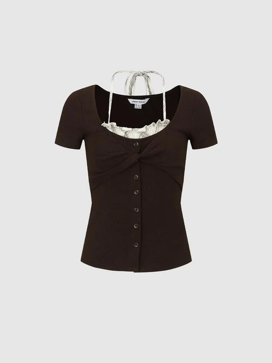 Black Knit Halter Neck With Button Front T-Shirts