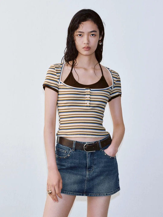 Cotton Blend Striped Top Contrast T Shirts