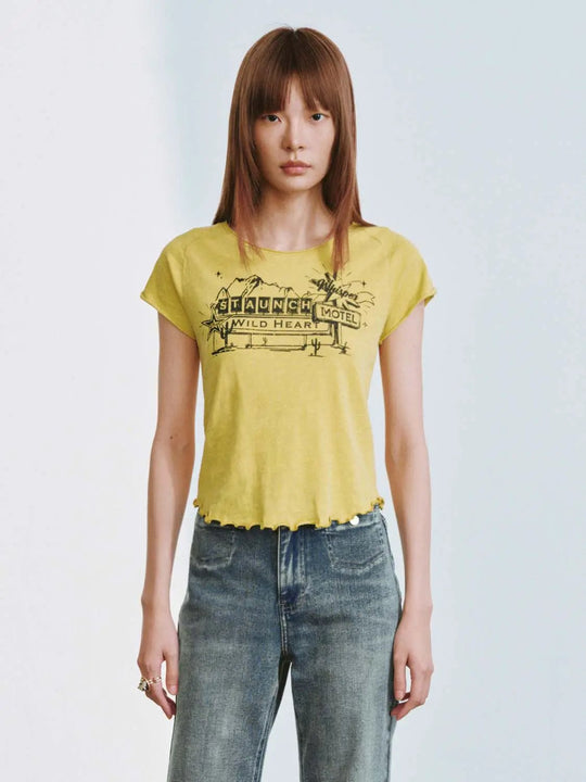 Cotton Ruffle Trim Printed Graphic T Shirts