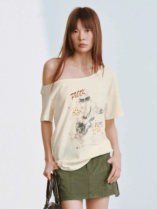 Cotton Blend One Shoulder Graphic Star Print Tee