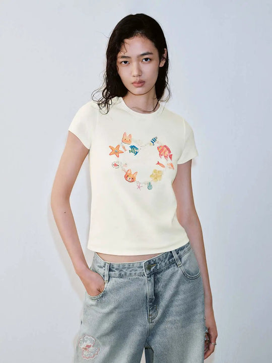 Heart Shaped Animal Print Cotton Blend Ladies T Shirt