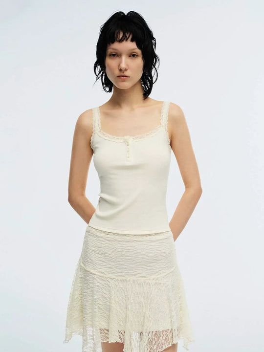 Cream Delicate Lace Trim Strappy Cotton Tank Tops