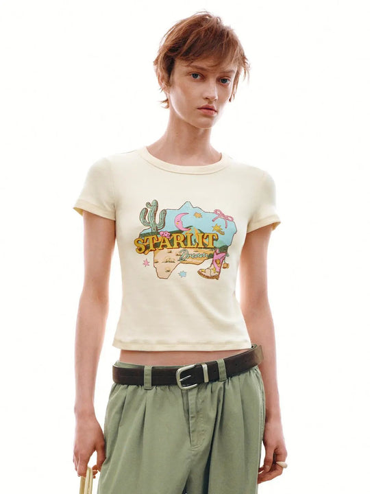 Graphic Cotton Elastane Desert Cactus Print T-Shirts