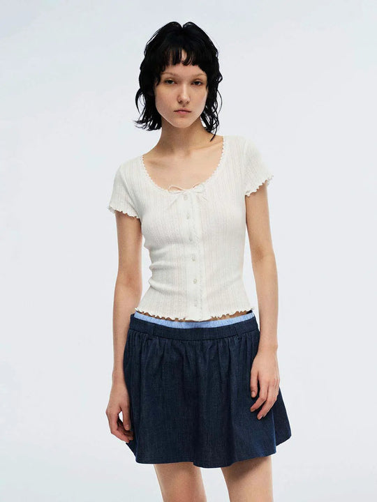 Cotton Fine Ribbed Knit With Delicate Scalloped Edges And Button Front Closure T-shirts