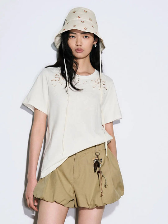 Lightweight Cotton Lace Jacquard Crew Neck T-Shirts