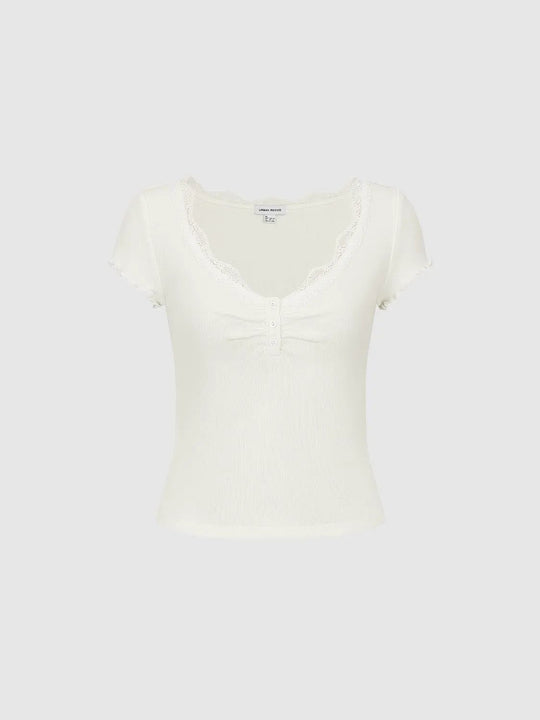 Cotton Polyester Knit With Lace Trim Neckline T-Shirts