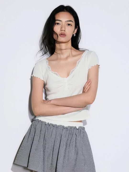 Cotton Polyester Knit With Lace Trim Neckline T-Shirts