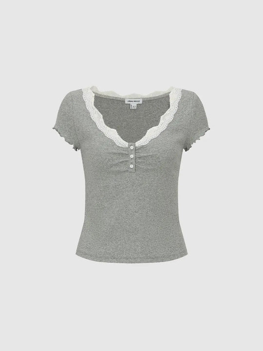 Lace Detail Ruffle Trim Henley Neck T-Shirts Casual Top