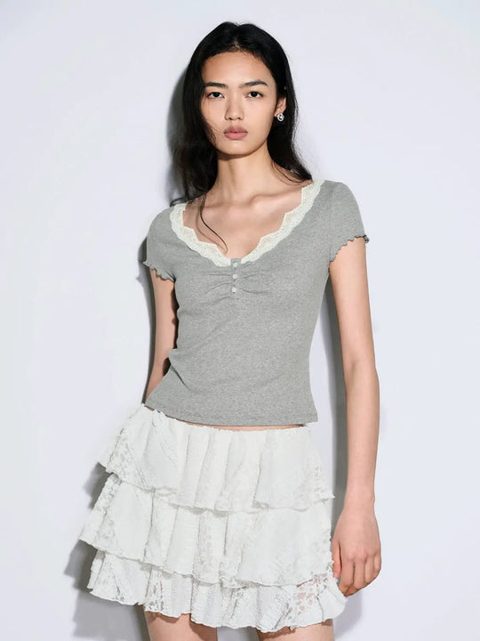 Lace Detail Ruffle Trim Henley Neck T-Shirts Casual Top