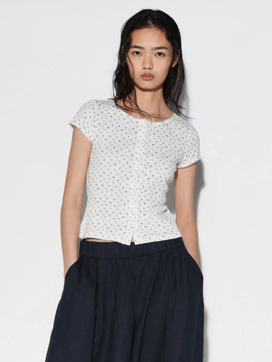 Floral Printed Button Detail Skinny Fit T-Shirt