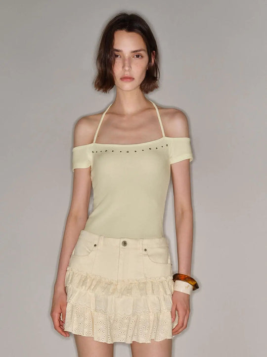 Off Shoulder Eyelet Detailing Halter Strap T-shirt
