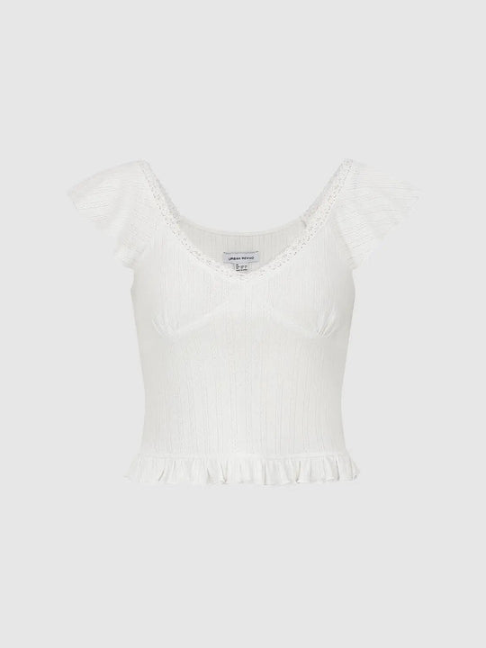 Cotton Knit With Lace Trim And Frill Hem T-Shirts