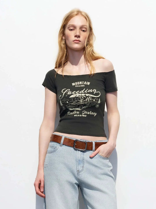 Cotton Off Shoulder Car Graphic Print T-Shirt
